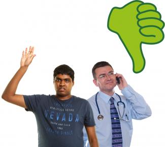 A man raising his hand and a man talking on the phone. There is a thumbs down next to them