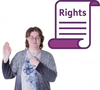 A woman pointing at herself and a list of rights